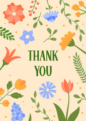Thank You card. Floral design. Cute flowers and text Thank You. Greeting card with abstract blossom background. Vector illustration