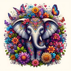 An elephant adorned with vibrant flowers and butterflies, with a backdrop filled with colorful blooms.