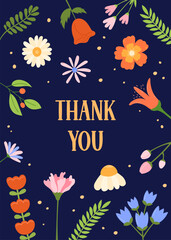 Thank You card. Floral design. Cute flowers and text Thank You. Greeting card with abstract blossom background. Vector illustration