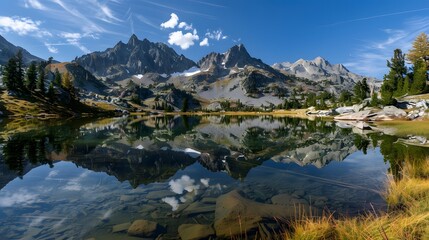 Obraz premium Peaceful mountain lake reflecting surrounding peaks