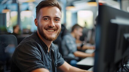 Confident Young Professional Optimizing in Collaborative Office