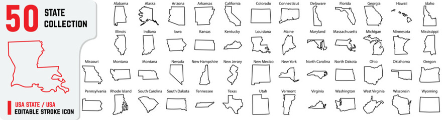 USA 50 editable stroke icon, also includes New York, Pennsylvania, Rhode Island, South Carolina, South Dakota, Tennessee, Texas, Vector outline of 50 states with their names 