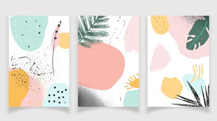 three wall art frame with tropical leaves boho abstract art illustration collection set, home decor minimal mock up idea
