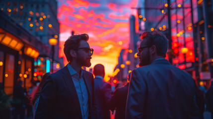 Businessmen Conversing on City Street at Sunset. Two businessmen engage in conversation on a bustling city street during a vibrant sunset, highlighting urban business life.