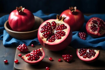 Several luscious, crimson pomegranate fruits and an open pomegranate, arranged on a rustic wooden table, against a dark, moody backdrop, highlighting the vibrant colors and textures of the fresh produ