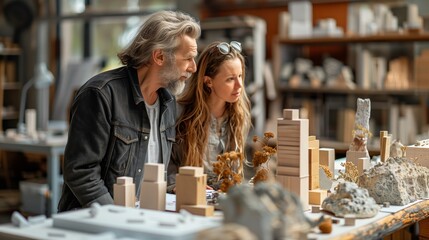 Architects Collaborating on Model Designs. Two architects collaborate on model designs in a creative studio, surrounded by various architectural models and tools.
