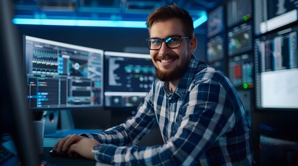 Fototapeta premium Confident Young Technical Specialist Enthusiastically Working at Office Computer Station