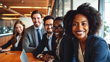 Obraz premium Diverse Group of Smiling Business Professionals Collaborating in Office Meeting