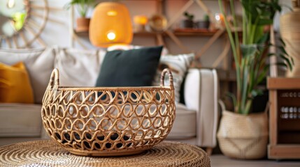 A delicate intricately designed basket made from natural rattan adding a touch of bohemian charm to any room.