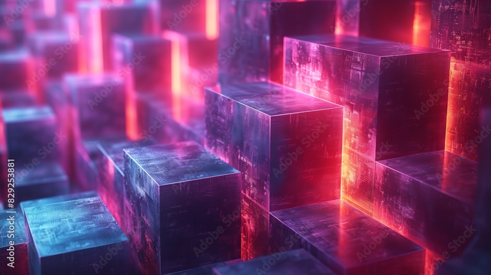 Poster neon geometric blocks. abstract background with neon geometric blocks in vibrant pink and blue hues,