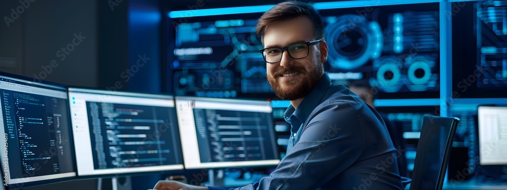 Poster focused information security analyst diligently monitoring systems in high tech workspace
