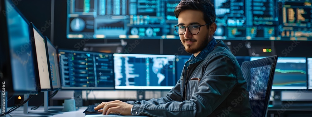 Poster focused young information security analyst examining data insights on multiple screens in modern off