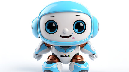 A cheerful 3D robot character with a smiling gesture isolated on a white background. 