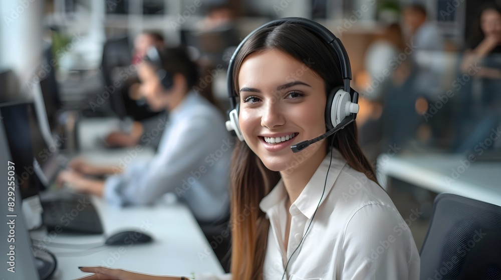Poster friendly customer service representative assisting clients with a smile at call center