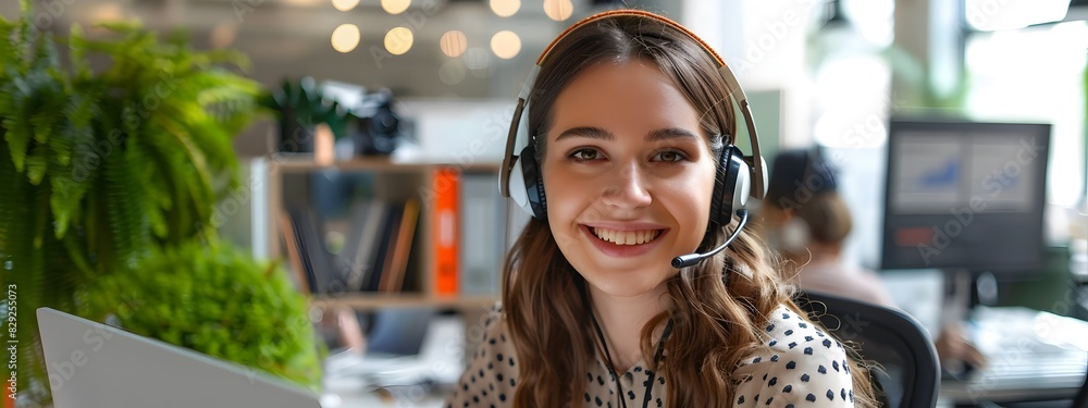 Aufkleber friendly customer support representative smiling at the in a tech savvy workspace