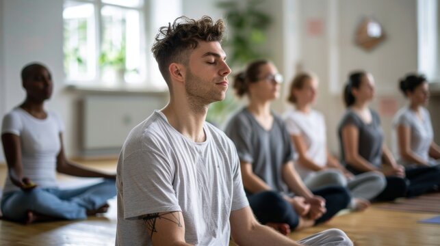 Rejuvenating Wellness Retreat - Young Adults Practicing Breathing Exercises in Nature, 4K Wallpaper.A man doing breathing exercises with other course participants, vacation, relaxing life, retirement 