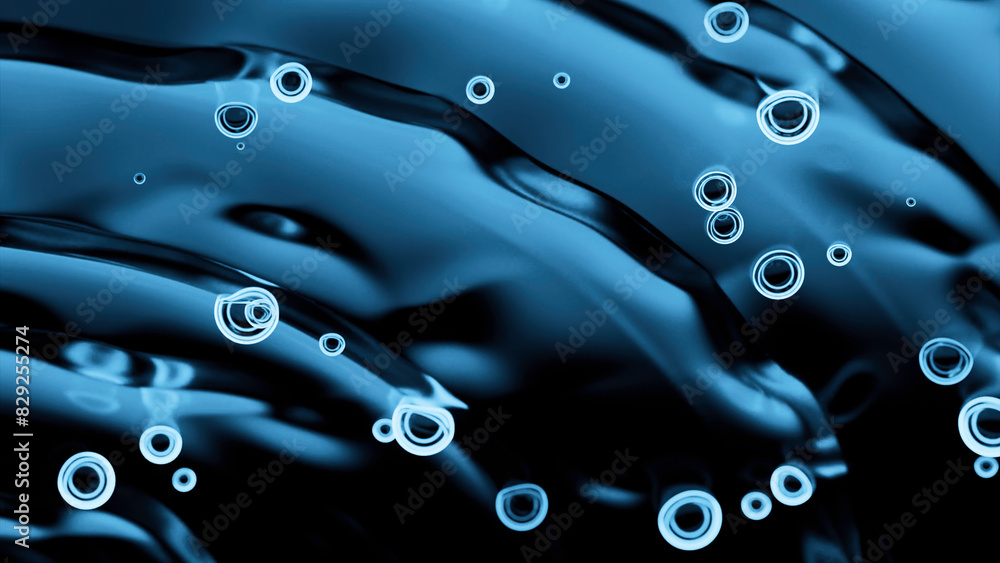 Poster top view of drops falling into water surface and diverging circles in slow motion. design. bubbles o