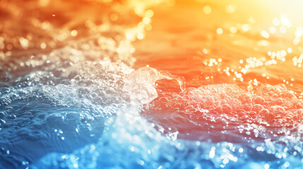 Dynamic contrast of hot and cold water under sunlight. Orange and blue flow splashes with bubble foam.