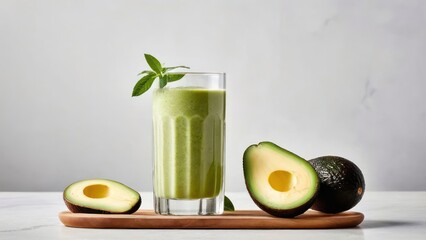 A Serene Composition of Avocado and Berry Smoothie, Artfully Presented on a Wooden Tray with Accompanying Glass