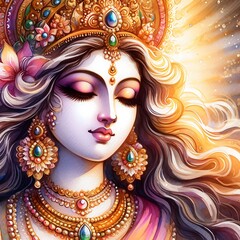 Watercolor Close-Up Painting of Goddess Lakshmi's Serene Expression