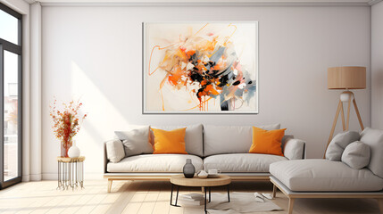 Minimalist clean sofa with randon rgb pattern wall background sofa interior design