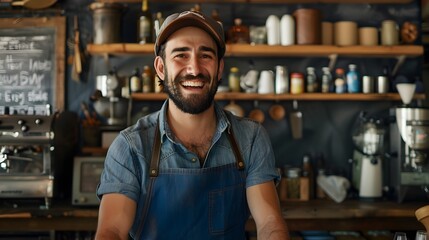 Fototapeta premium Happy Young Owner Smiling While Working at His Cozy Cafe