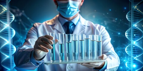 Medical Vials and Blood Cells in Scientist's Hands for Genome Sequencing and Pharmaceutical Advances