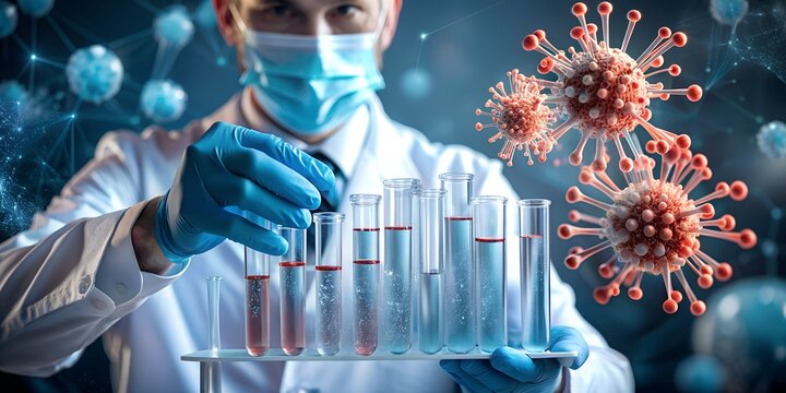 Scientist with Medical Testing Tubes in Holographic Banner for DNA and Virus Cure Biotechnology