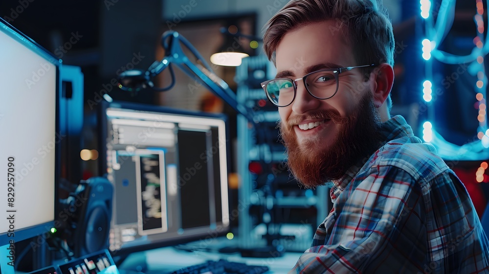 Poster hardworking tech professional joyfully engaged in computer work