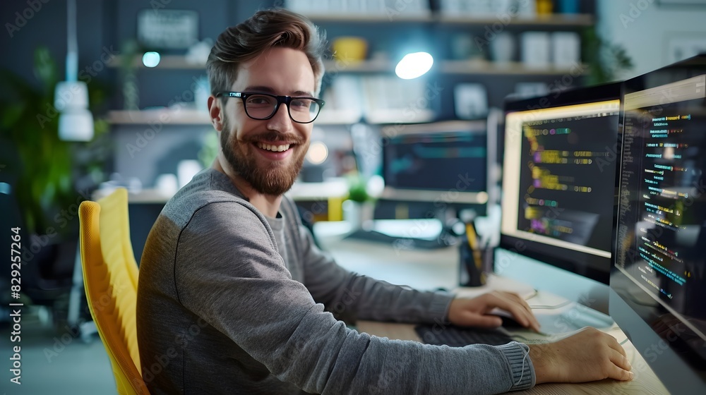 Poster joyful devops professional diligently coding at workstation