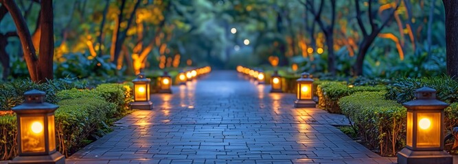 lovely garden path lit up at night with lamps
