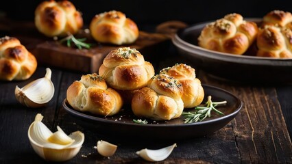 Artisan Bread Loaves with Herbaceous and Seeded Toppings - A Rustic Display on Wooden Table
