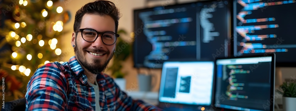Poster satisfied young software developer coding at his workstation in a cozy home office setting