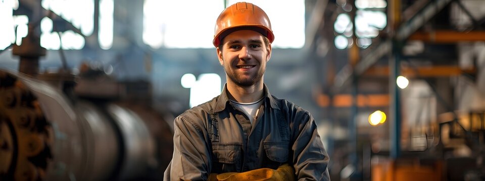 Proud Young Boilermaker Smiling Confidently in Industrial Workshop