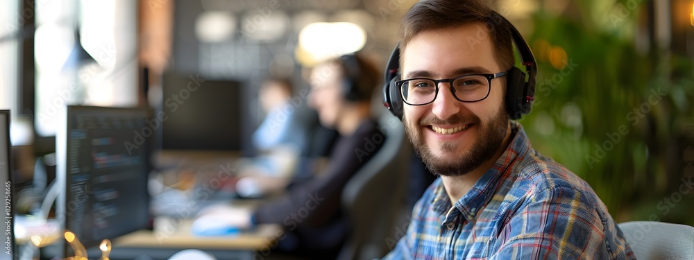 Poster smiling bearded computer professional working at desk in office
