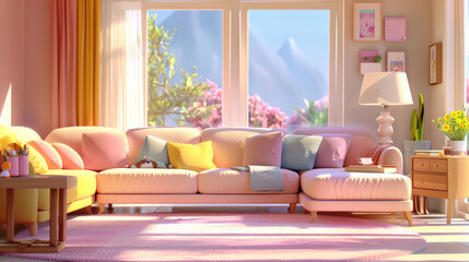 A soft pop 3D cartoon of a cozy living room, pastel colors, plush furniture, colorful cushions, warm lighting, view of the outside through a large window. Soft shadows and gentle highlights, hd