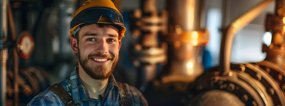 Smiling Boilermaker Amid Industrial Equipment in Factory Setting