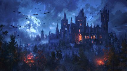 A dark, gothic castle illuminated by moonlight, with bats flying around and an eerie atmosphere