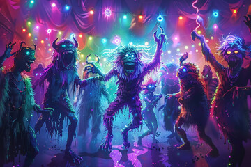 A lively monster mash party with various creatures dancing under colorful lights