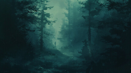 Fototapeta premium A dark, foggy forest with shadows lurking between the trees, creating a sense of dread