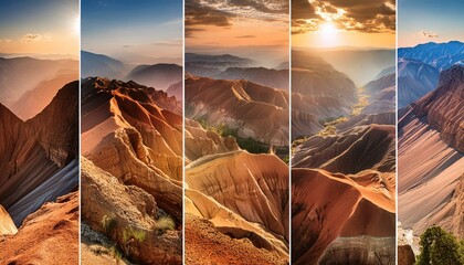 sunset in the desert, grand canyon sunset, collage of images of mountains and sunset, mountains in the morning, collage of different natural Earth textures mixed in beautiful abstract