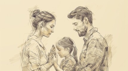 Jesus with Praying Family: Unity and Faith, Biblical Illustration, Ideal for Inspirational Use