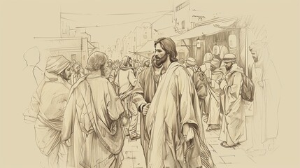 Jesus in Modern City: Spreading Love, Biblical Illustration of Eternal Presence, Ideal for Inspirational Use