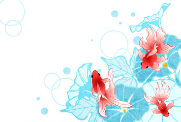金魚、暑中見舞い、琉金、イラスト、和風、あさがお、夏、かわいい、琉金、横