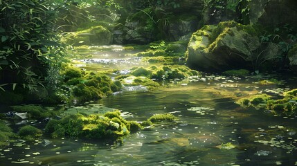 Obraz premium Sunlight dappling on green moss covered rocks in stream