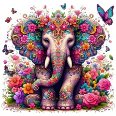 A colorful elephant with flowers and butterflies, surrounded by a floral background.
