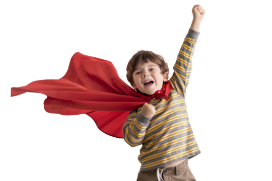 Superhero kids. Portrait of a little boy wearing a superhero costume on a white studio background. Children's dreams and fantasies..jpeg