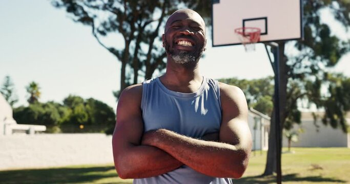 Portrait, smile and black man on court, basketball and fitness for outside workout. Happy, face and sports for mature athlete person, training and crossed arms in park for hobby and cardio exercise