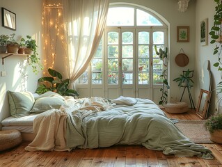 A bedroom with a bed next to a large window with sheer white curtains dancing gently in the breeze