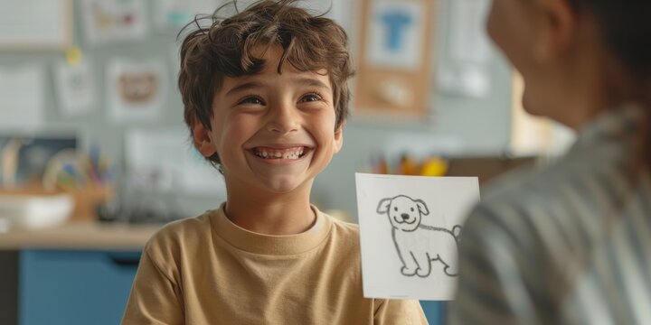 a joyful child holding up an animal flash card during a session with their speech therapist, comforting atmosphere for learning
